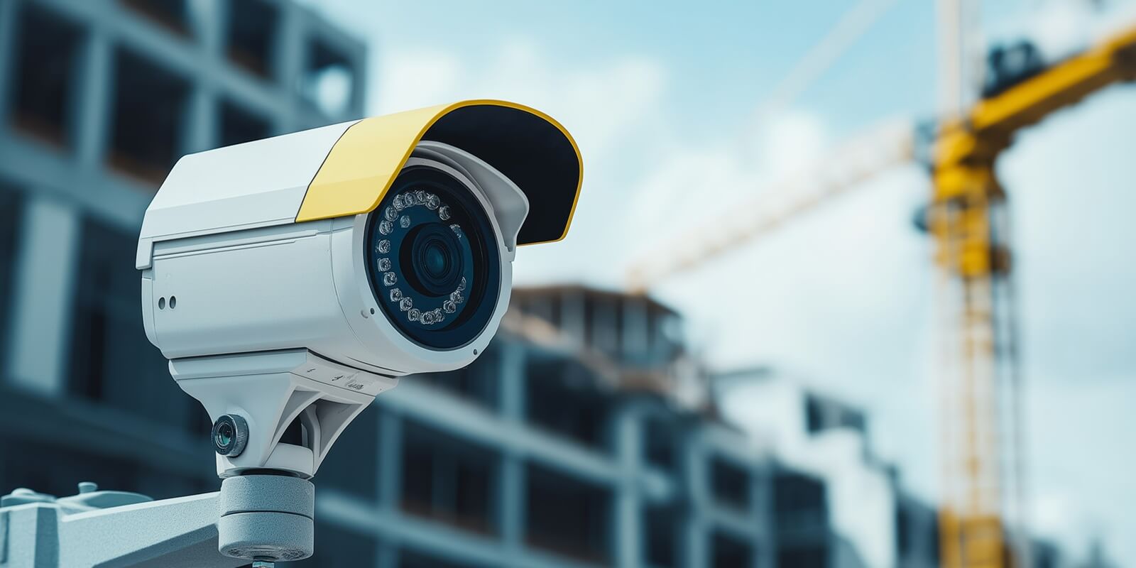 close-up of a security camera monitoring an urban construction site