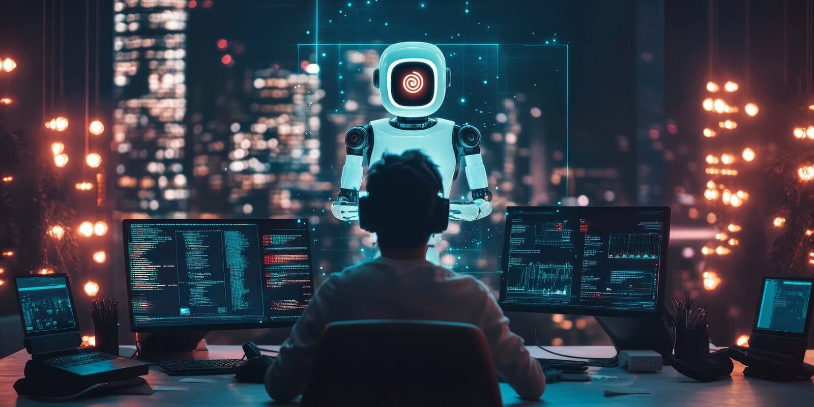 view of hacker using computers at desk with glowing robot ai hologram on dark background