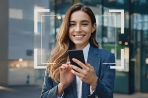 girl with smartphone using face ID