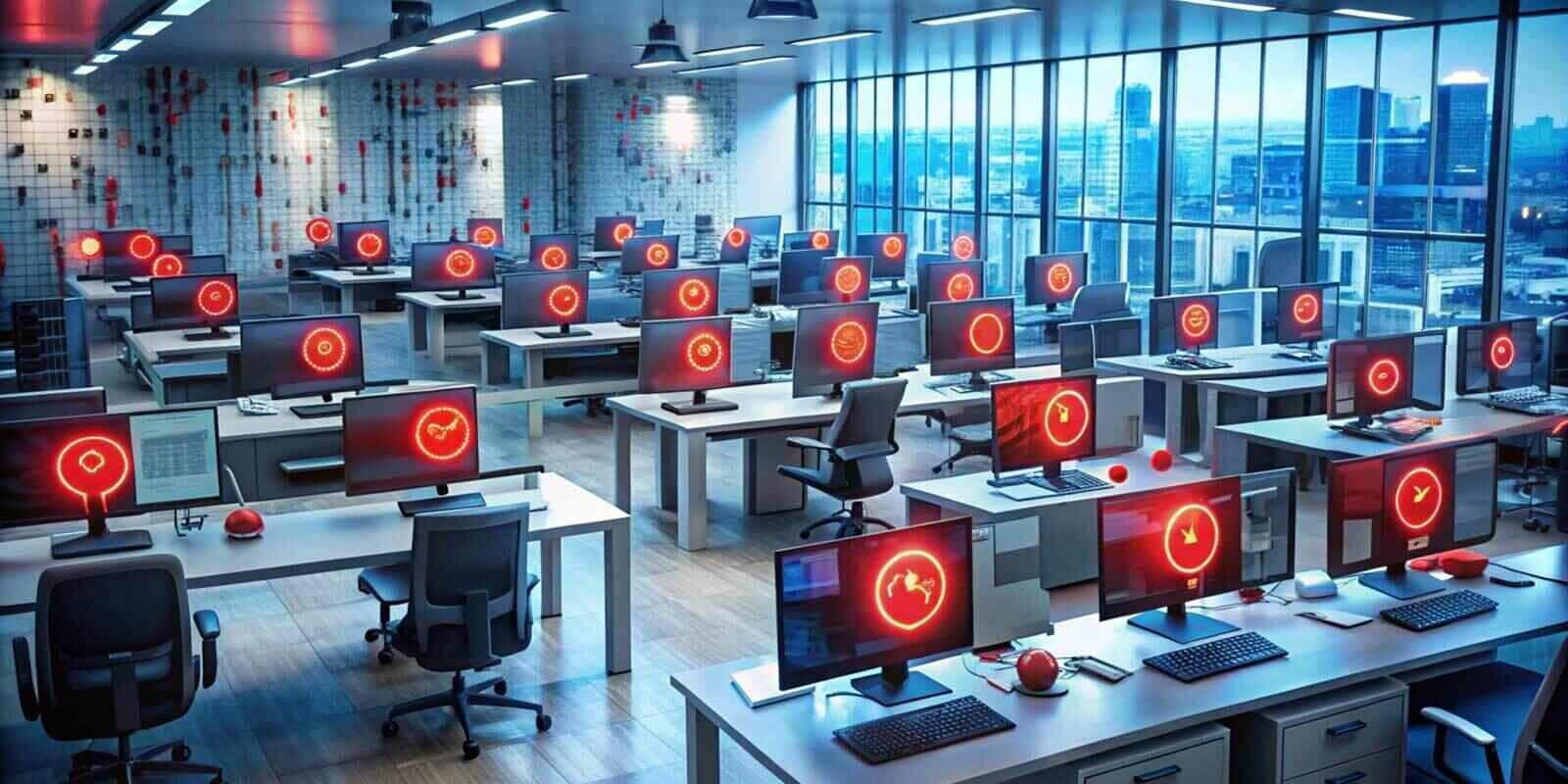 visual representation of a cybersecurity breach with red alarms and warnings for enhanced awareness